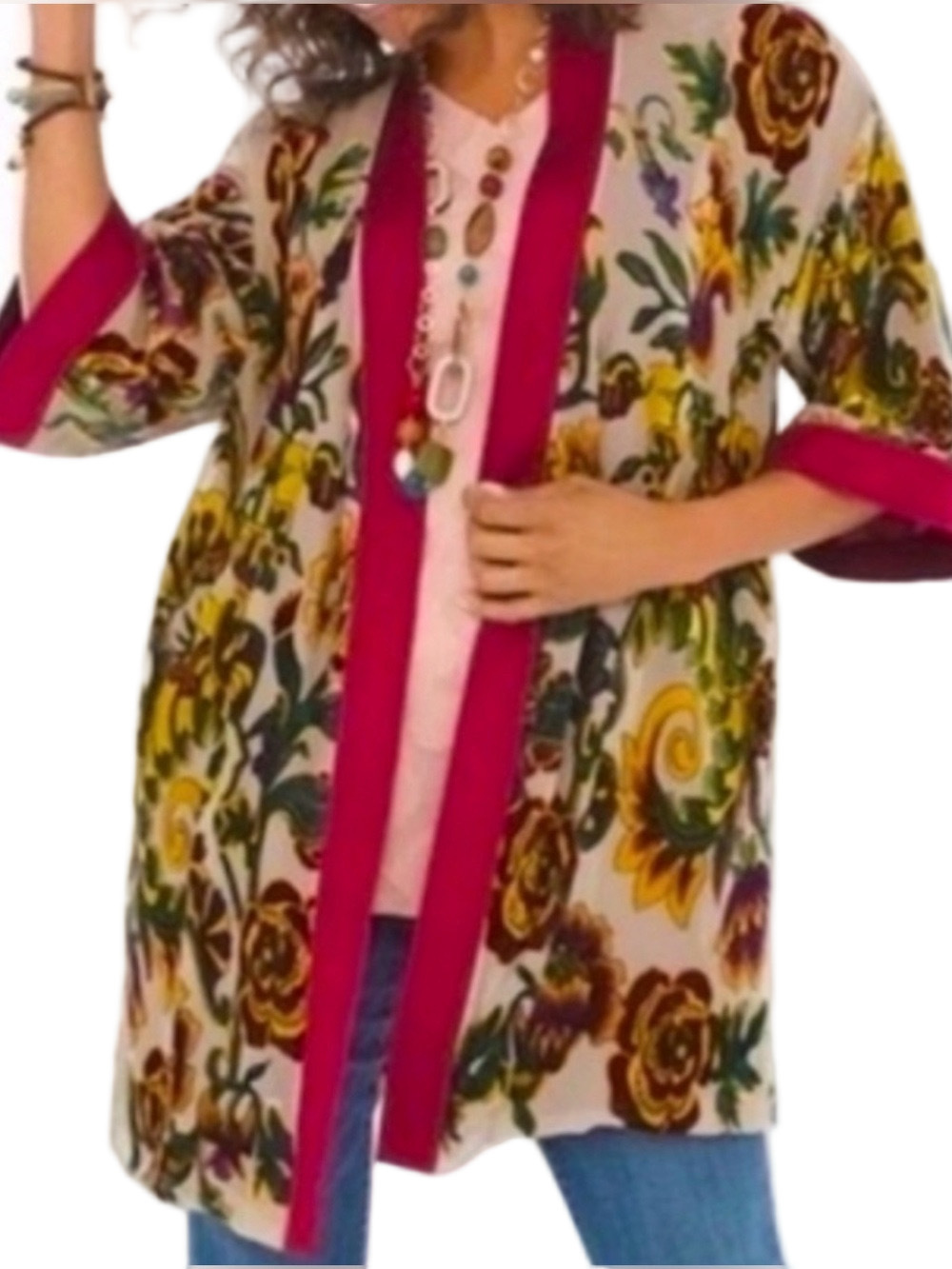 01. WOMENS CHICO’S L/XL DETAIL KIMONO TOP